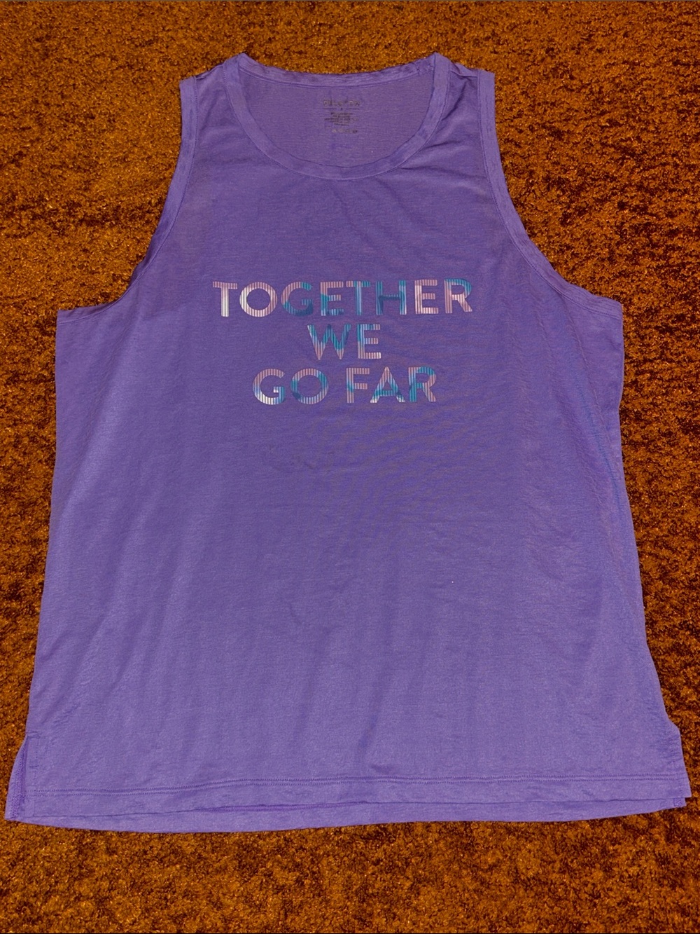 Peloton Lavender Muscle Tank with Metallic Multicolor 'Together We Go Far' Text